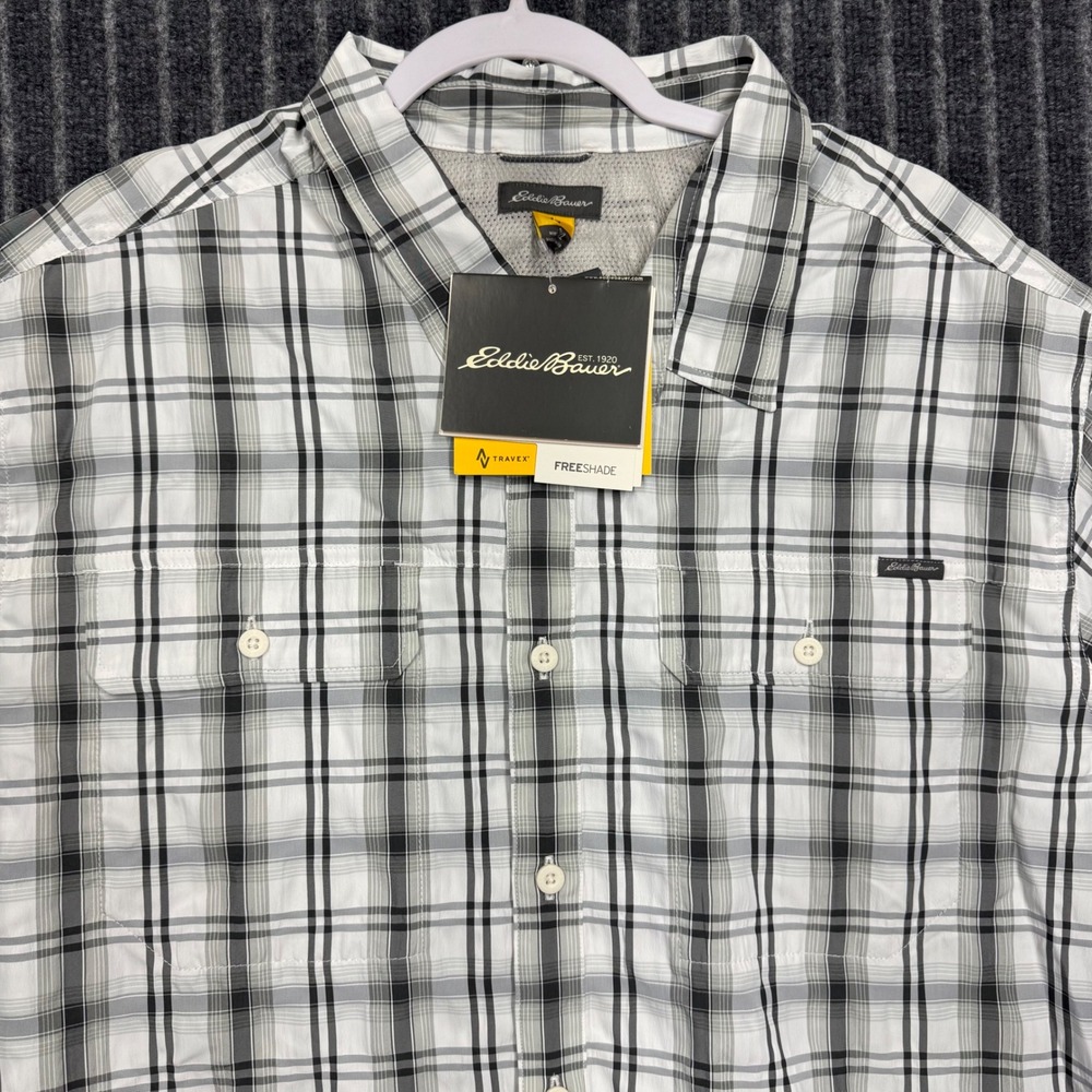 Eddie Bauer Mens Travex Mountain Shirt 2XL Gray Plaid SS Ventilated Hiking NWT